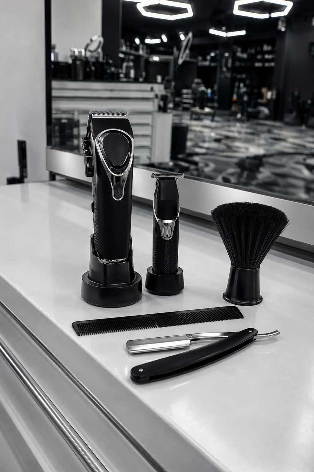 Clippers, trimmer, neck brush, comb, and straight razor arranged on a white station counter.